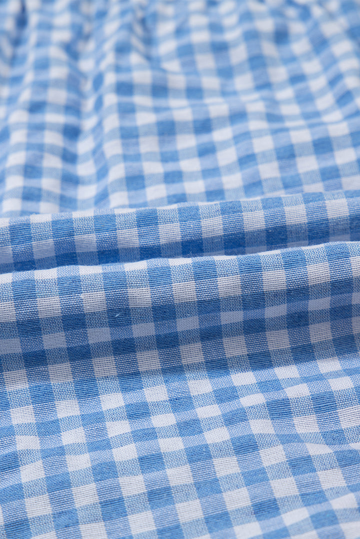 Blue Gingham Printed High Waist Shorts