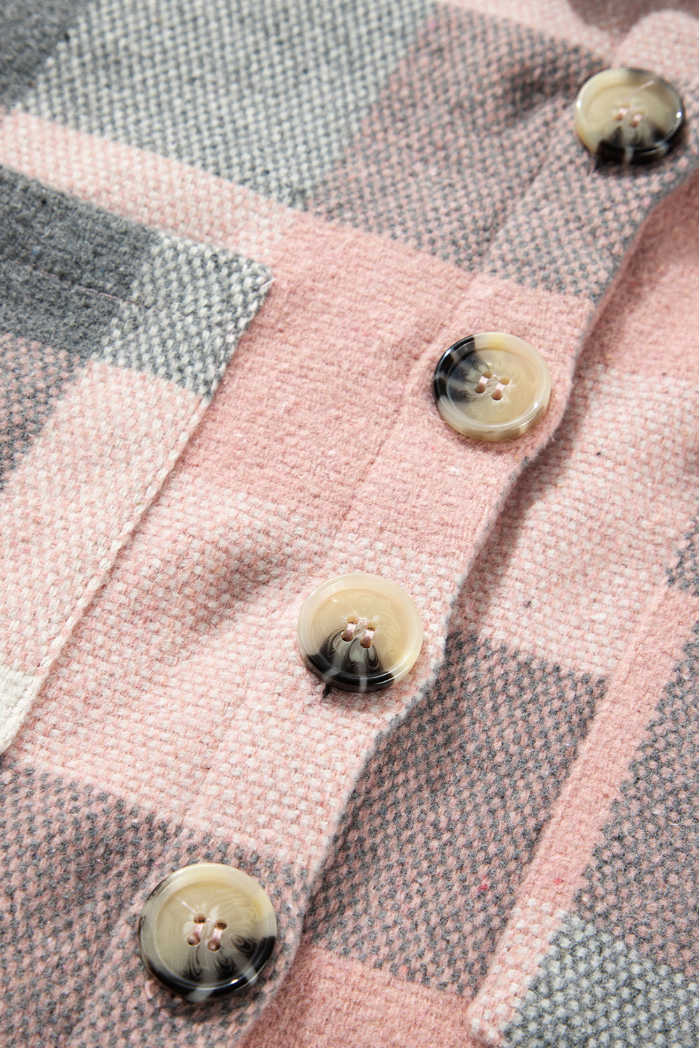 Pink Gray Plaid Color Block Buttoned Long Sleeve Jacket with Pocket