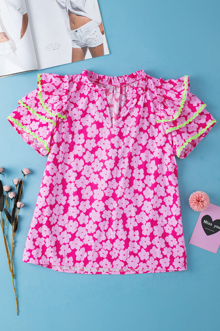 Floral Contrast Ric Rac Layered Ruffle Sleeve Blouse