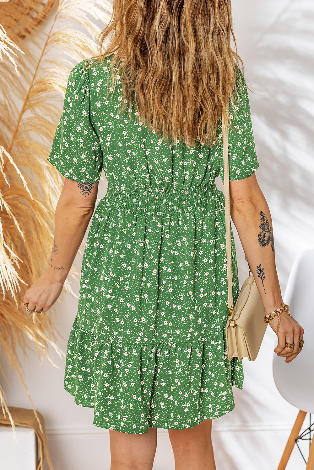 Floral Print Wrap V Neck Short Sleeve High Waistband Mini Dress