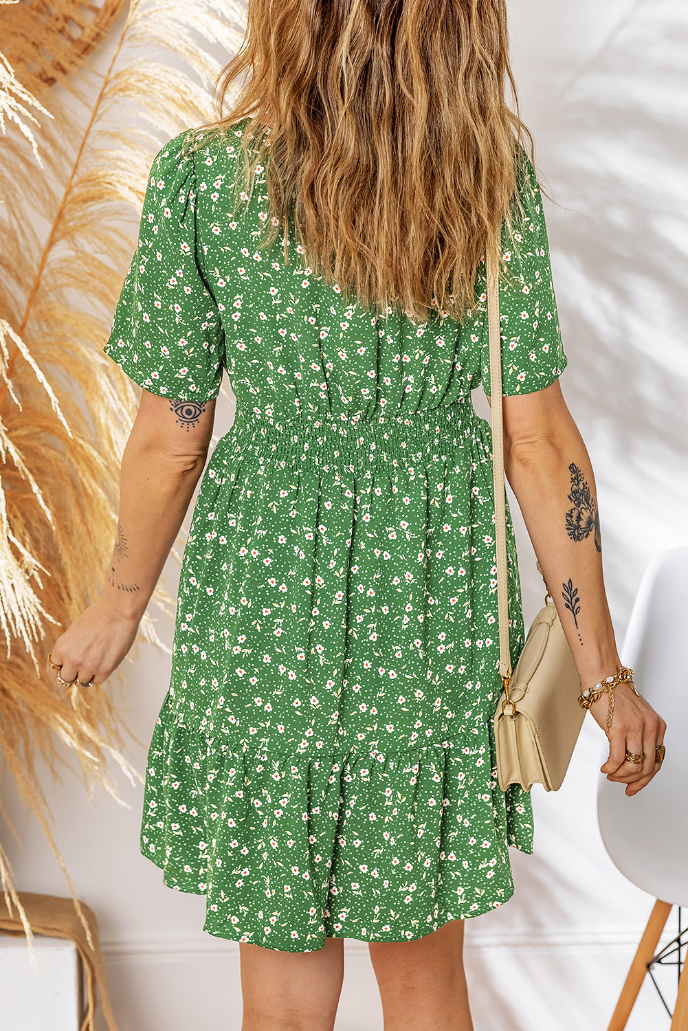 Floral Print Wrap V Neck Short Sleeve High Waistband Mini Dress