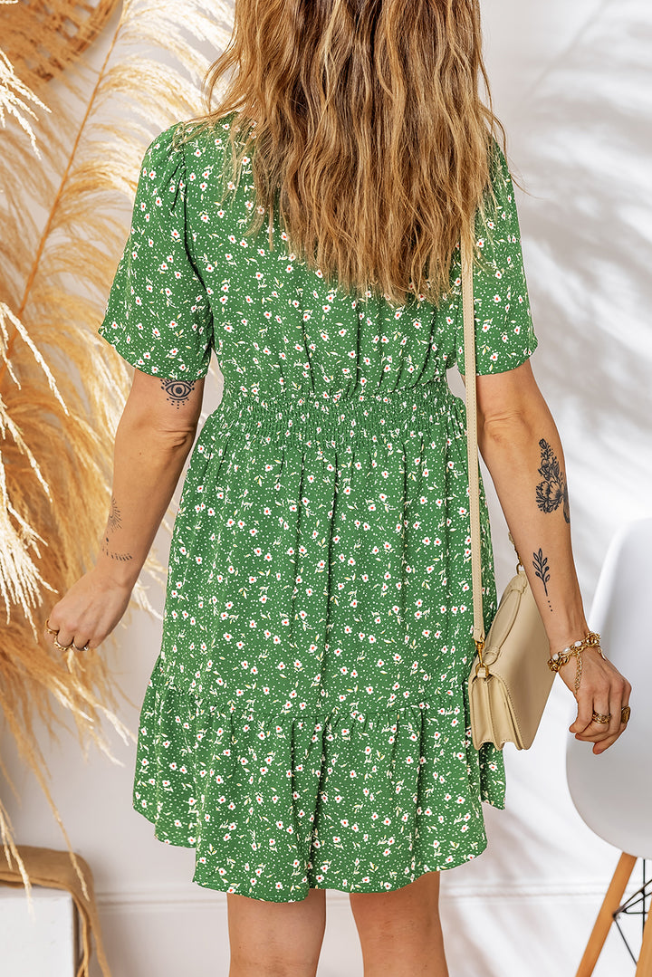 Floral Print Wrap V Neck Short Sleeve High Waistband Mini Dress