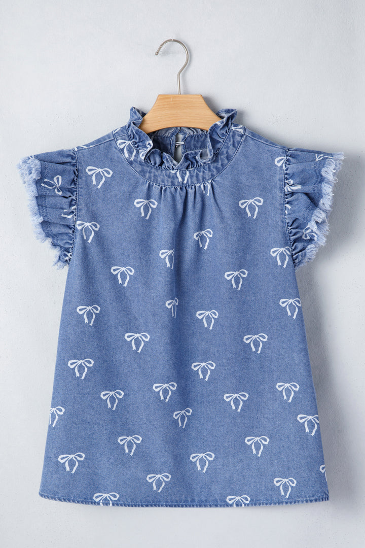 Blue Frilled Collar Flutter Sleeve Denim Top