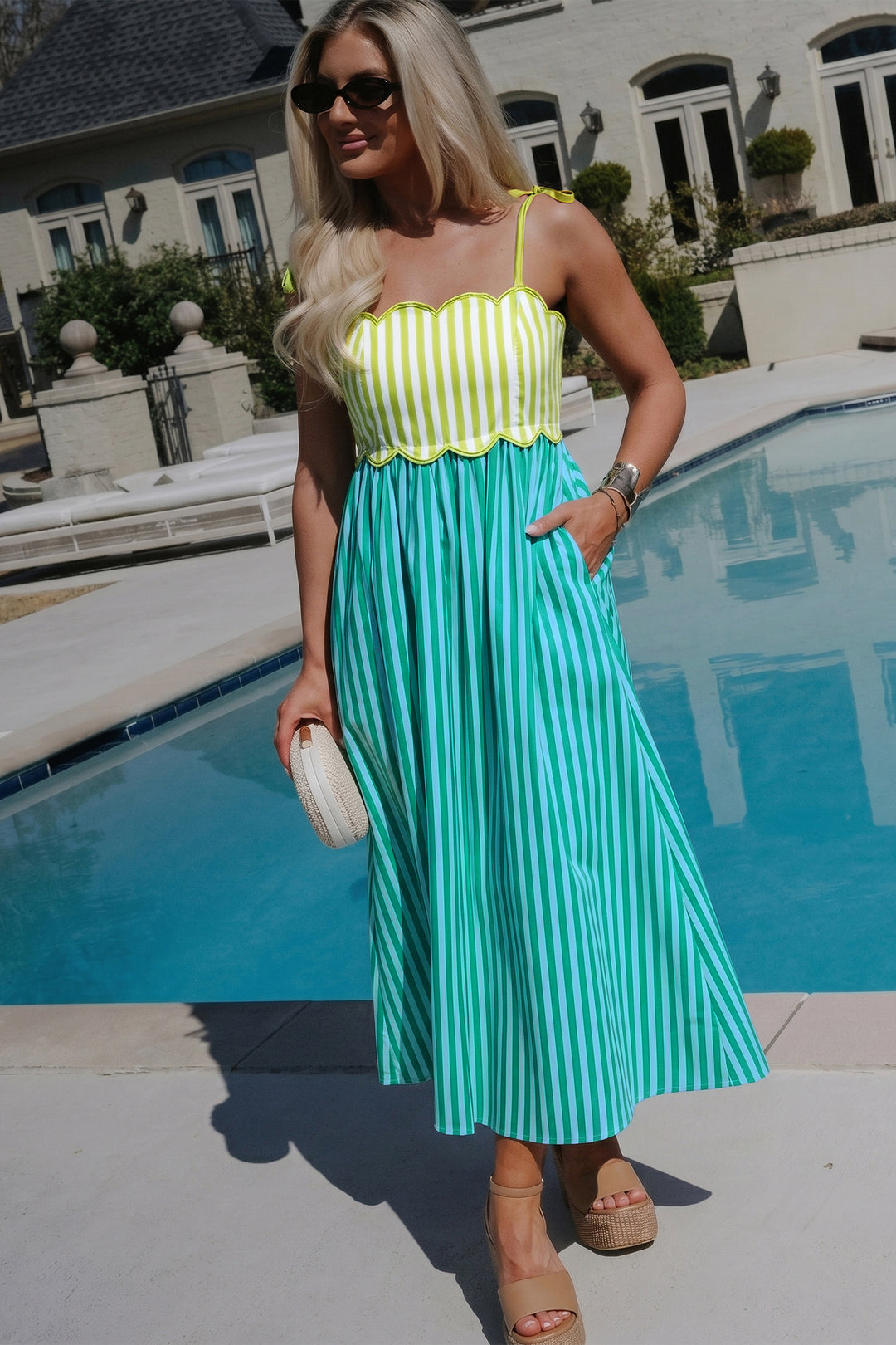 Green Stripe Knot Strap High Waist Maxi Dress