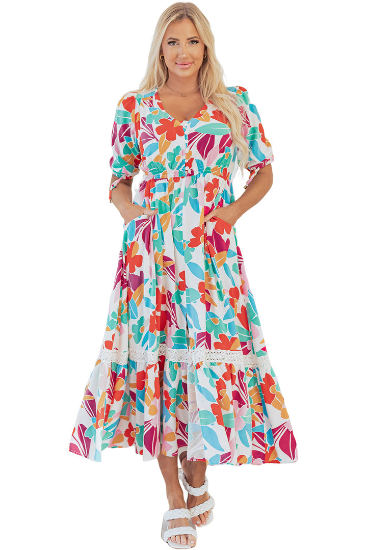 Floral Knot Puff Sleeve V Neck Buttoned Front Split Lace Maxi Dress