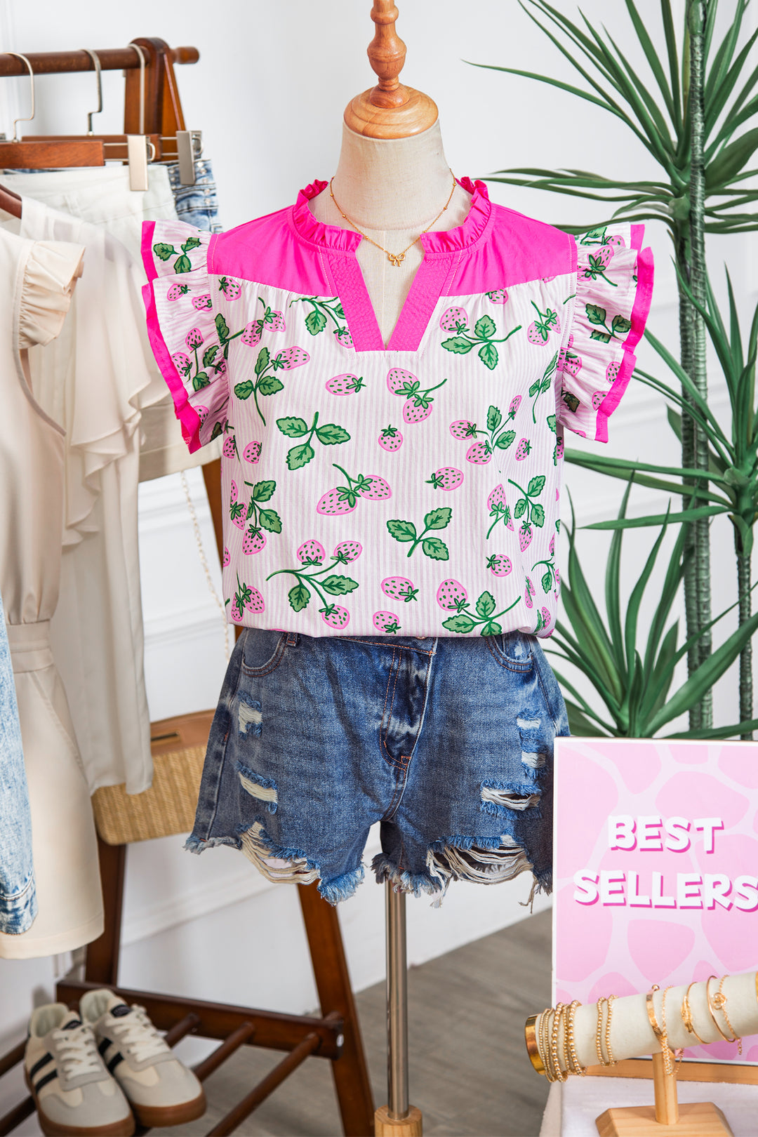 Striped Strawberry Printed Color Block Patchwork V Neck Flutter Sleeve Blouse