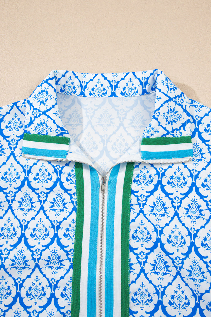 Sky Blue Western Print Zipped Collar Short Sleeve Summer Blouse Top