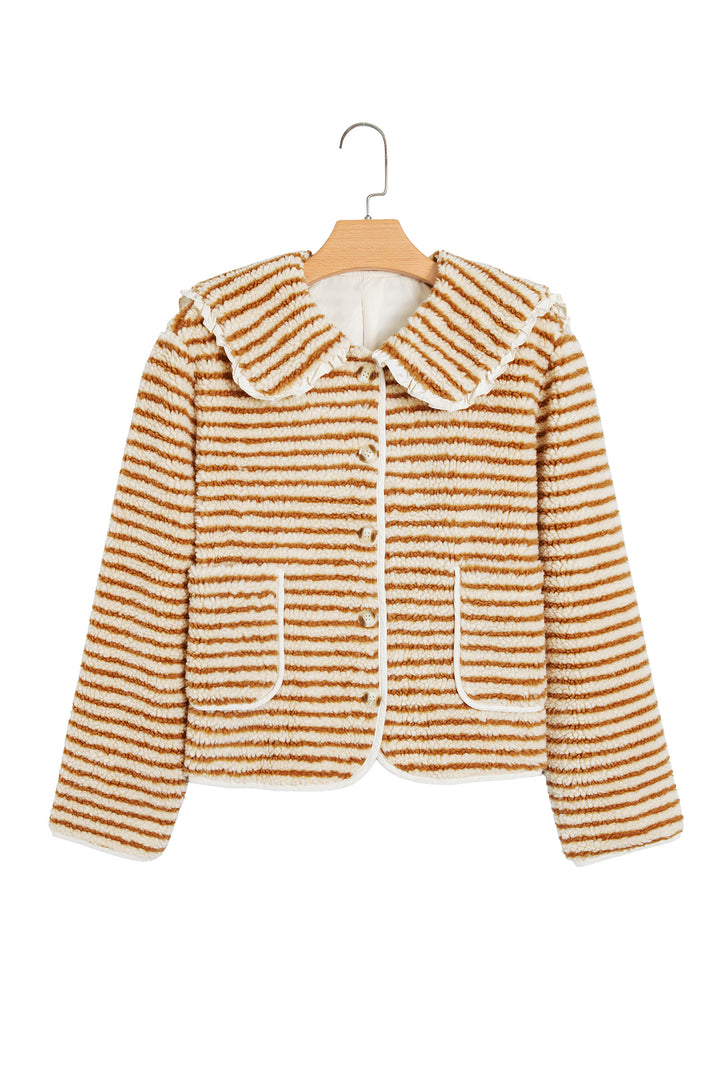 Brown Stripe Striped Fleece Button Front Long Sleeve Regular Fit Jacket