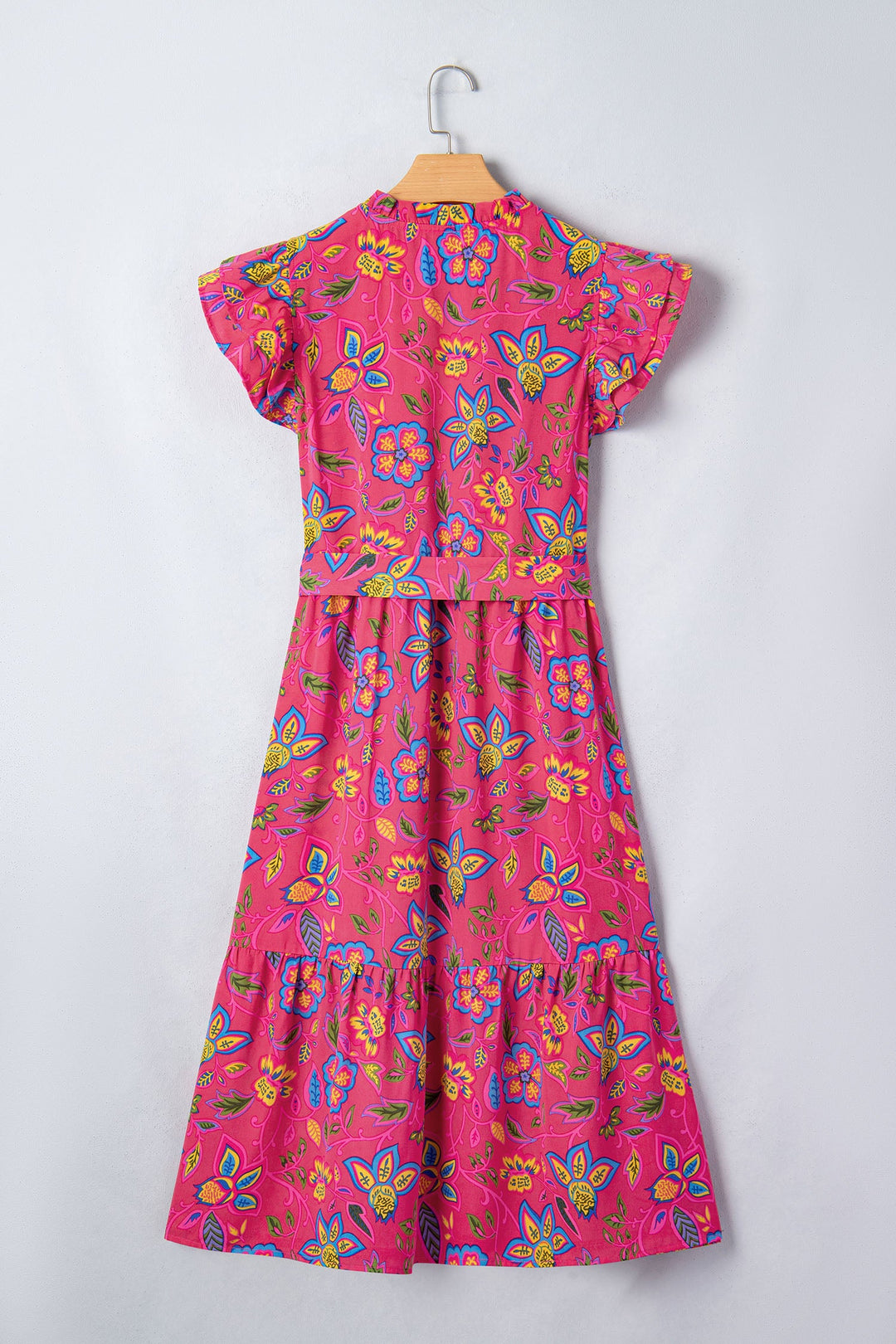 Rose Flutter Sleeve Belted Floral Long Dress