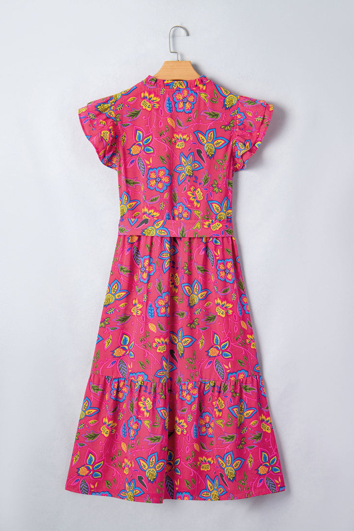 Rose Flutter Sleeve Belted Floral Long Dress