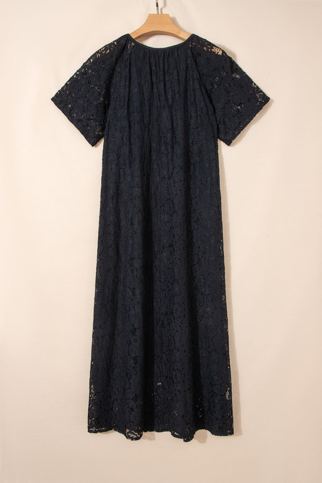 Floral Lace Overlay Tassel Tie Short Sleeve Beach Vacation Loose Maxi Dress