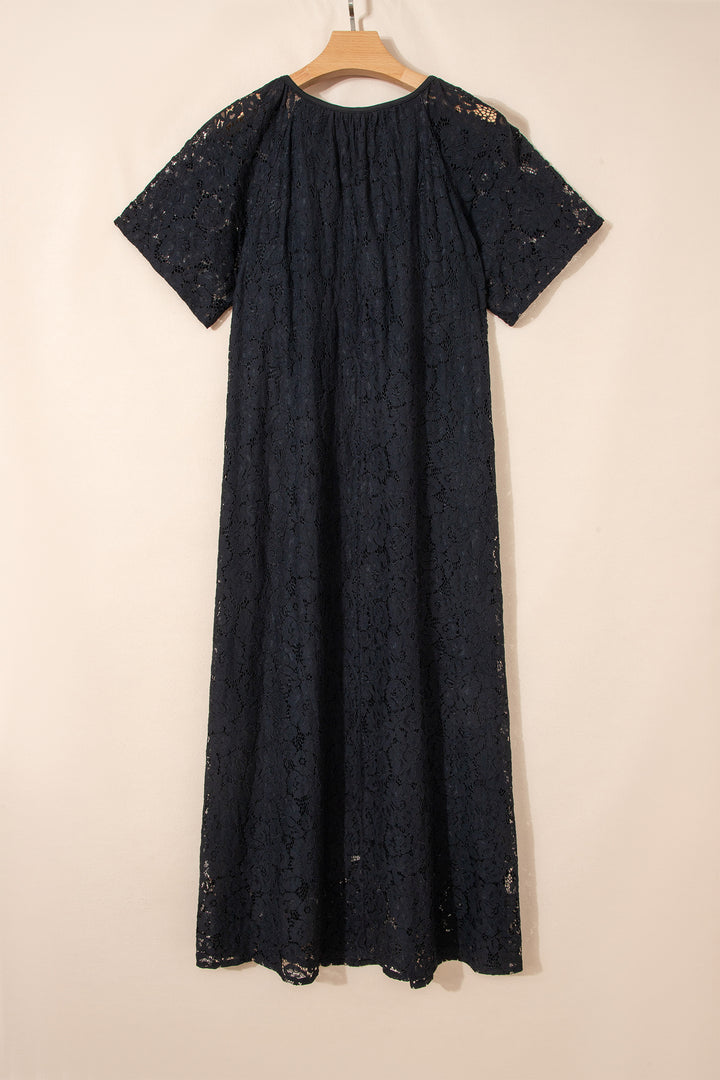 Floral Lace Overlay Tassel Tie Short Sleeve Beach Vacation Loose Maxi Dress