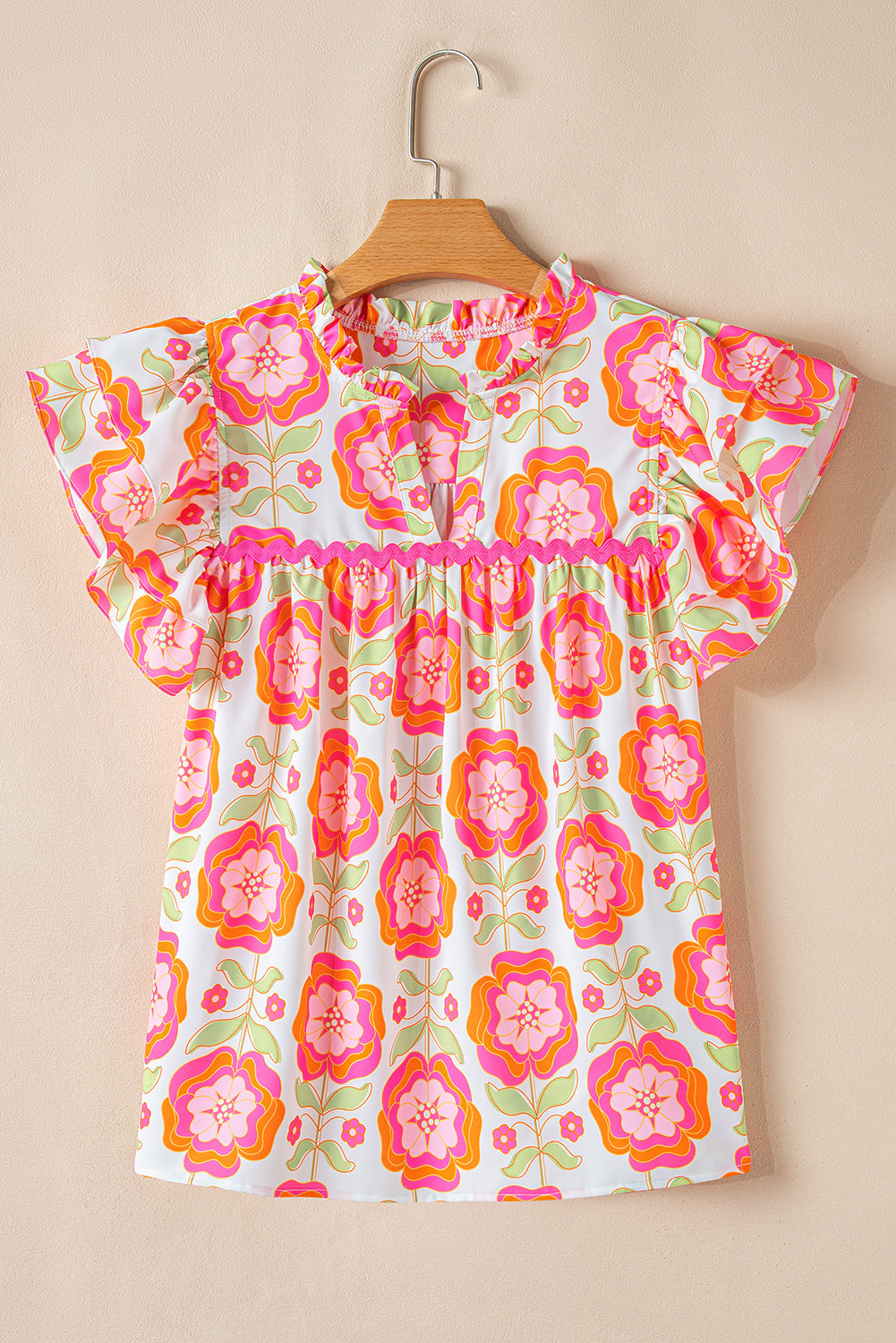 floral ruffled sleeve ric rac trim split neck loose blouse