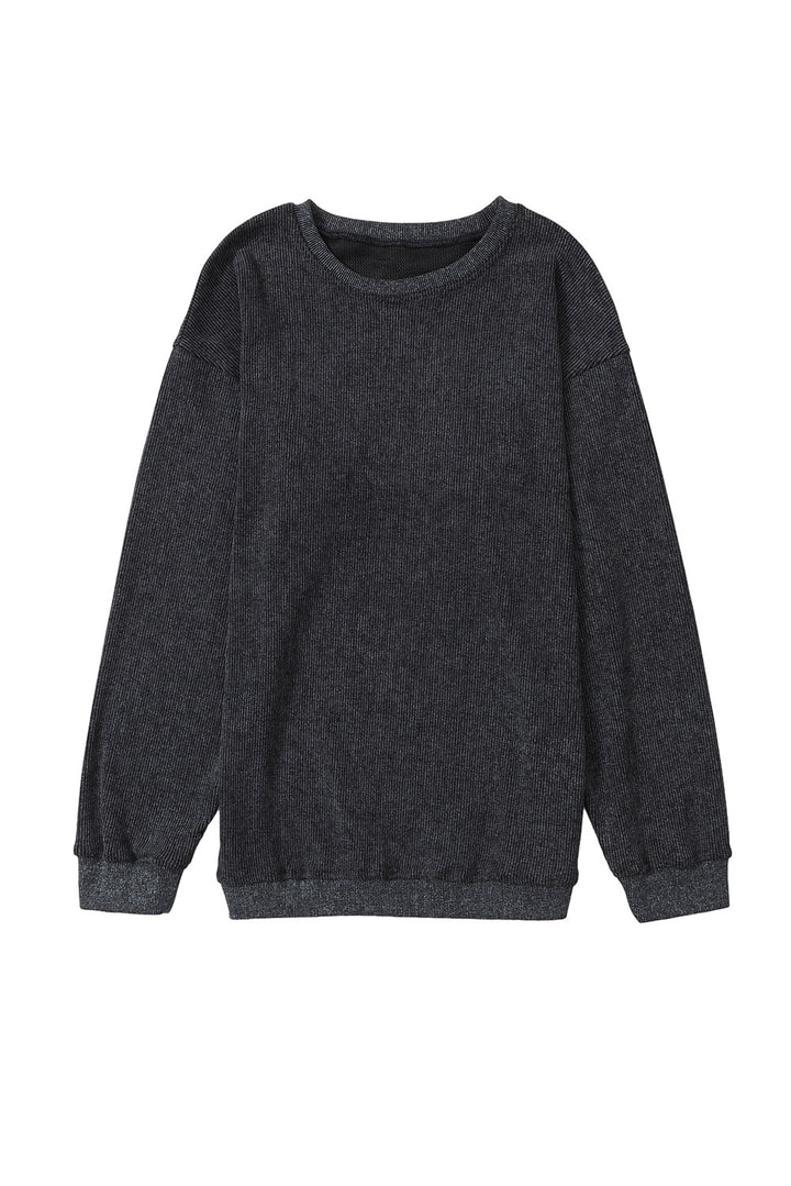 Black Solid Ribbed Knit Round Neck Pullover Sweatshirt