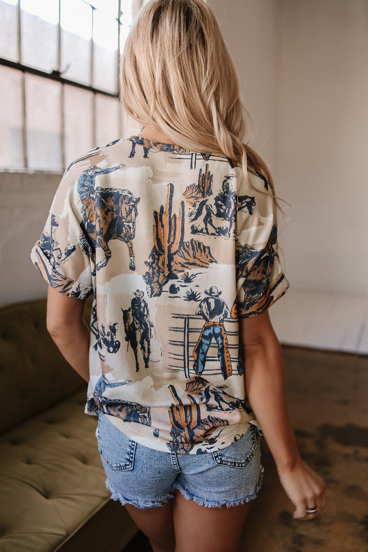 Western Cowboy Print Cuffed Sleeve Crewneck T Shirt