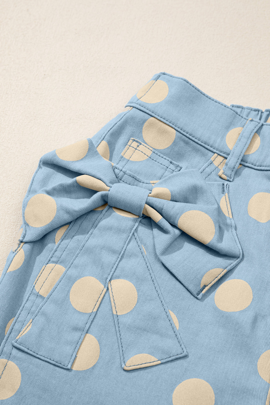 Sky Blue Polka Dot Print Bow Detail Pocketed Barrel Jeans
