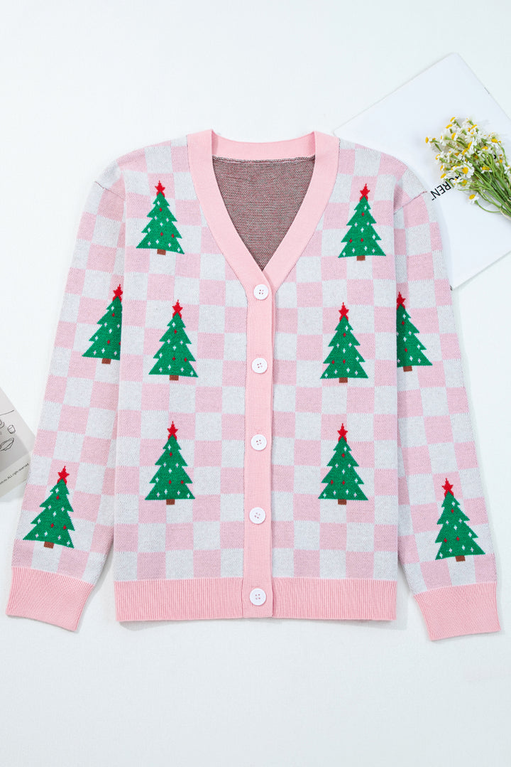 Pink Checkered Christmas Tree Pattern Button Cardigan Sweater