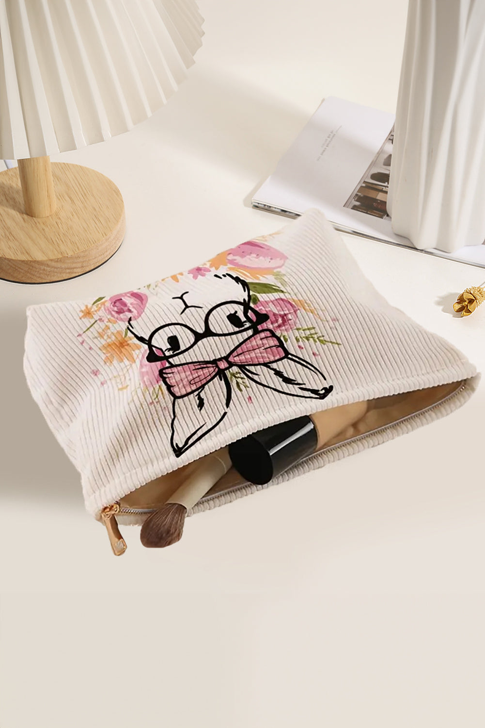 Easter Bunny Print Corduroy Makeup Storage Bag