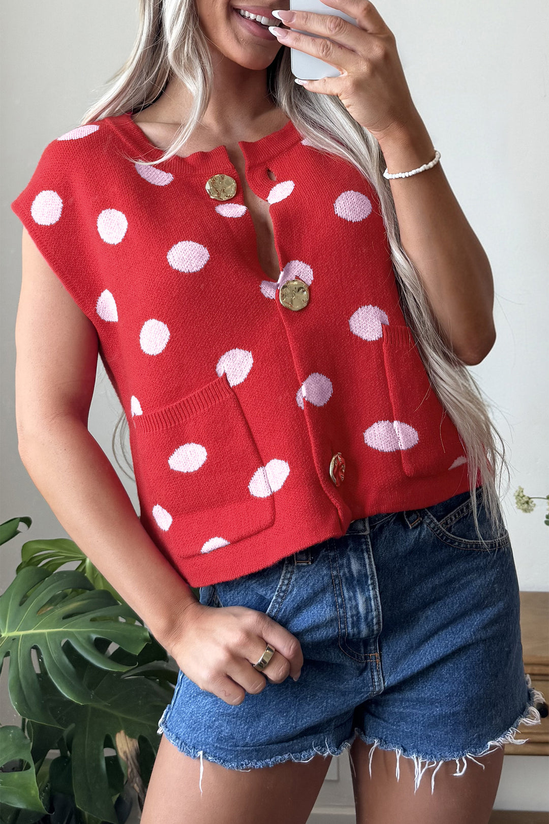 Red Polka Dot Sleeveless Knit Button Drop Shoulder Sweater Vest