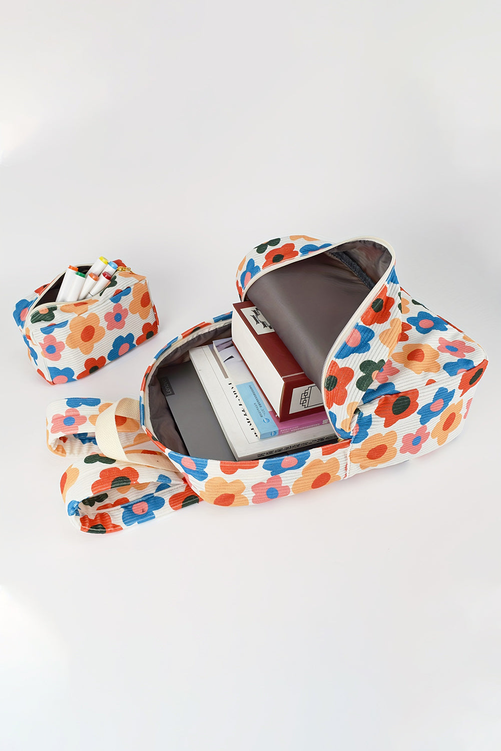 Sac à dos en velours côtelé à imprimé floral avec pochette assortie