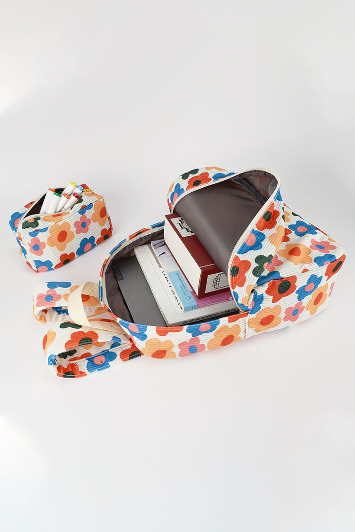 Sac à dos en velours côtelé à imprimé floral avec pochette assortie