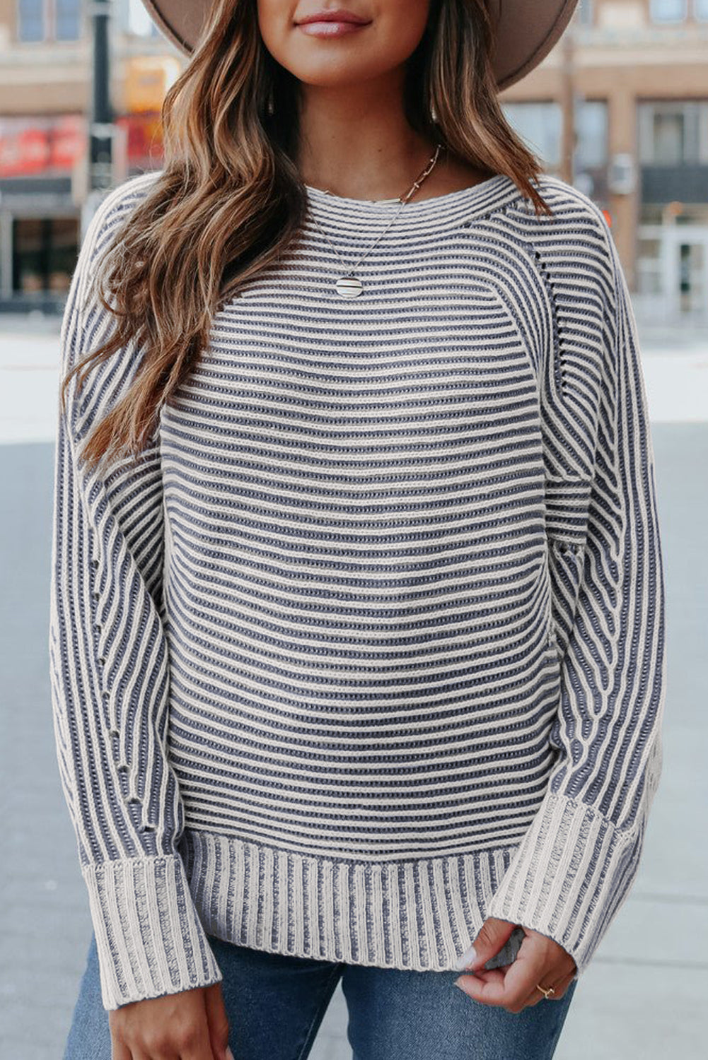 Striped Print Ribbed Knit Boat Neck Baggy Sweater