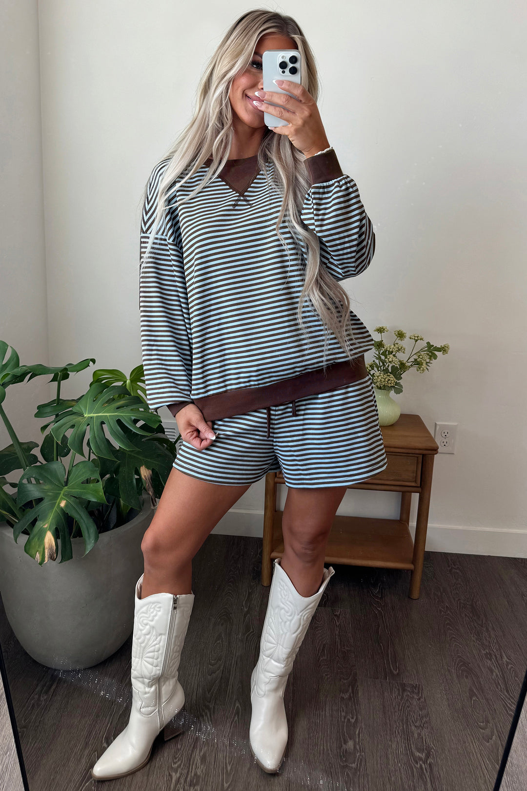 Brown Stripe Oversized Long Sleeve Top Drawstring Loose Shorts 2pcs Set