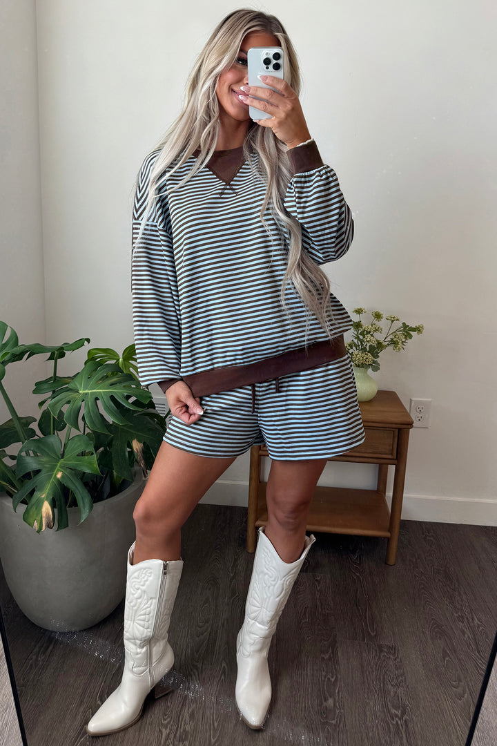 Brown Stripe Oversized Long Sleeve Top Drawstring Loose Shorts 2pcs Set