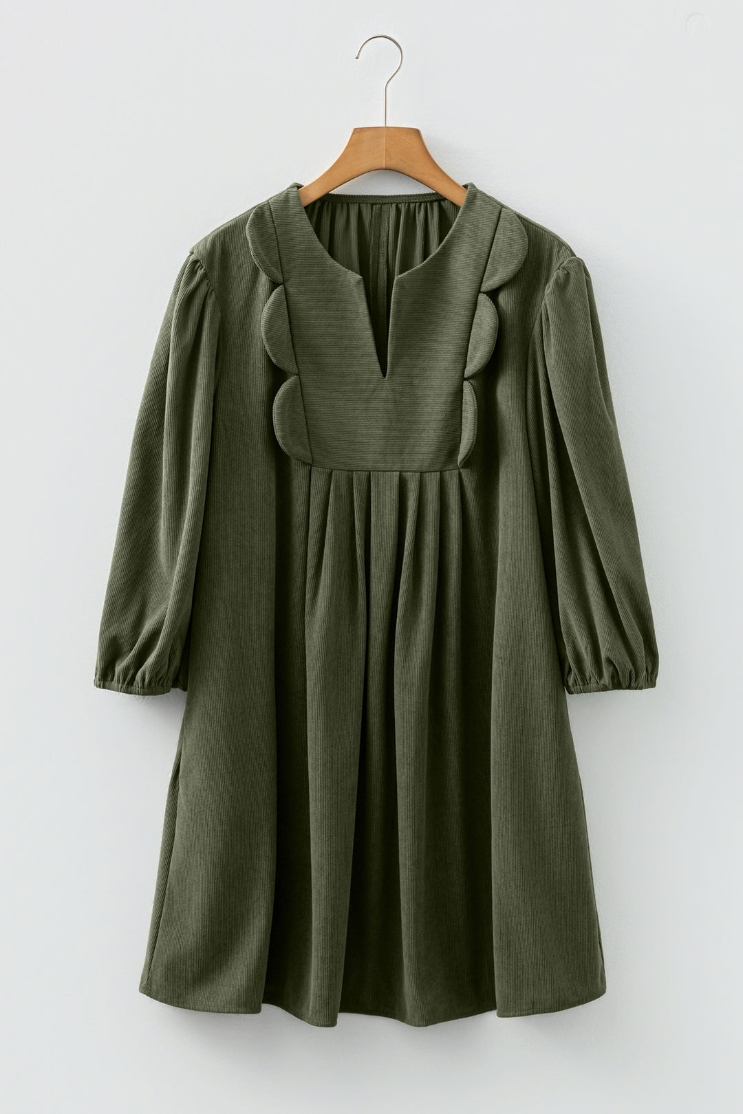Bracelet Sleeve Split Neck Scallop Detail Pleated Corduroy Mini Dress