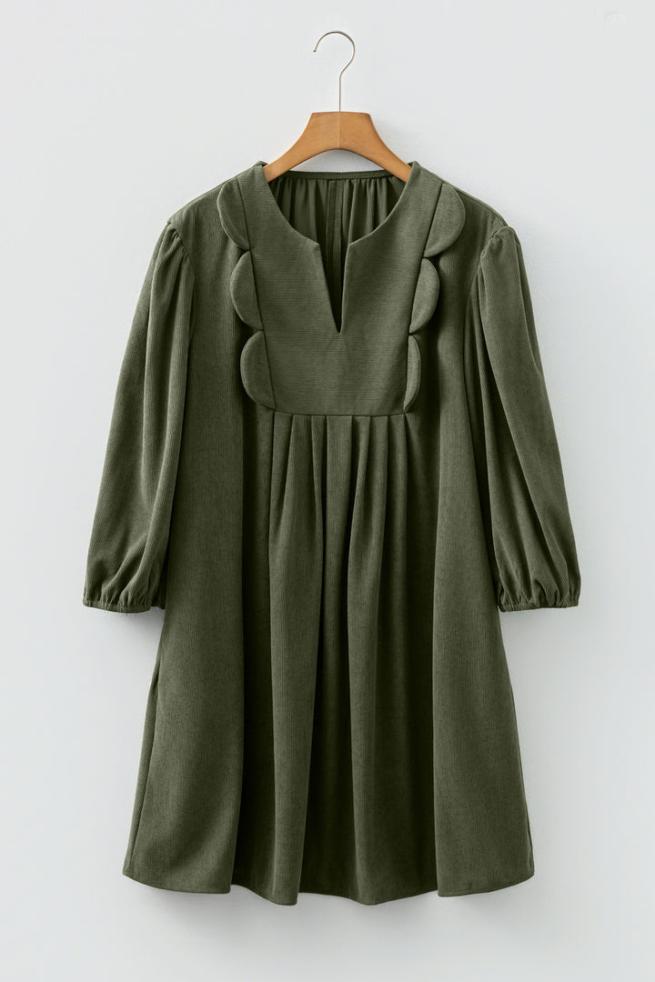 Bracelet Sleeve Split Neck Scallop Detail Pleated Corduroy Mini Dress
