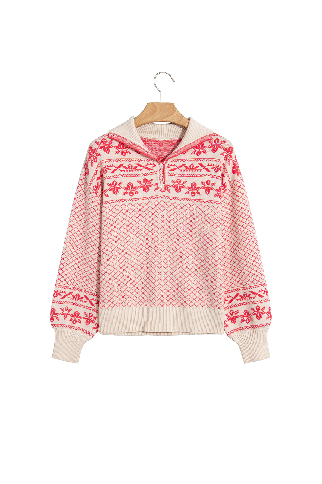 Sachet Pink Cozy Abstract Print Button Stand Neck Casual Sweater