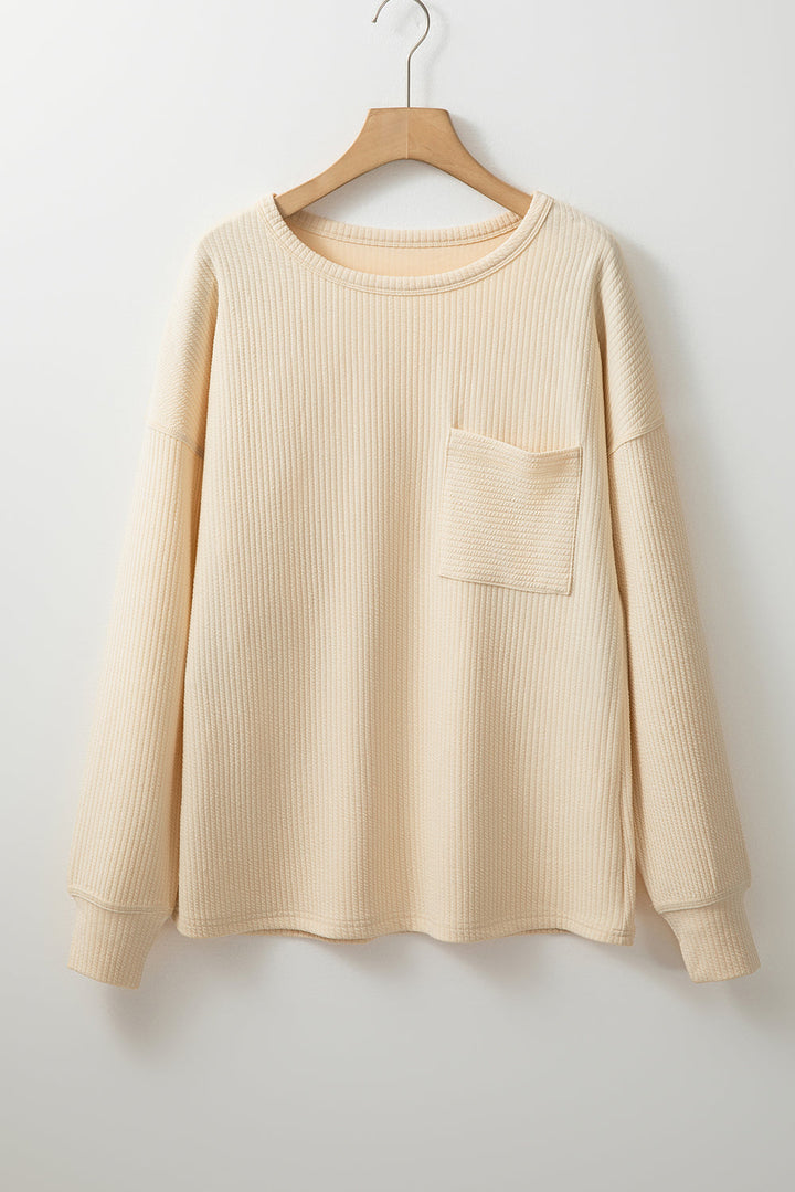 Solid Color Corded Drop Shoulder Long Sleeve Top