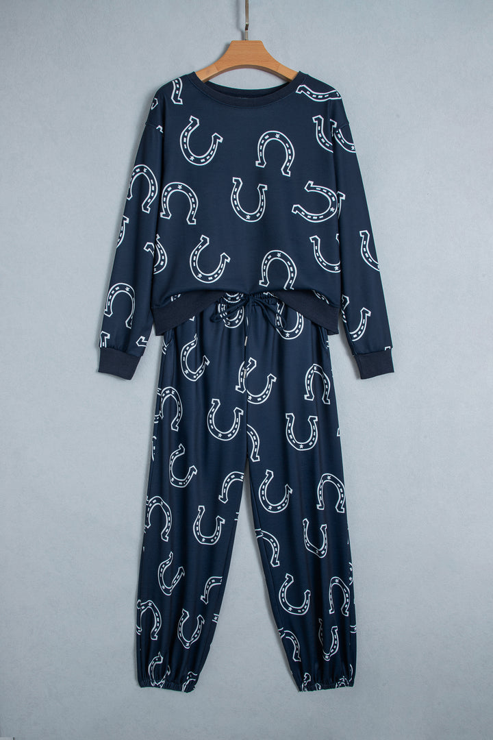 Blue Western Print Elastic Waist Pocket 2pcs Pant Set