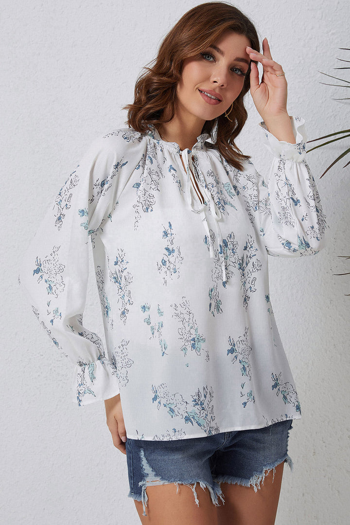 White Floral Tie Neck Long Sleeve Crinkle Blouse