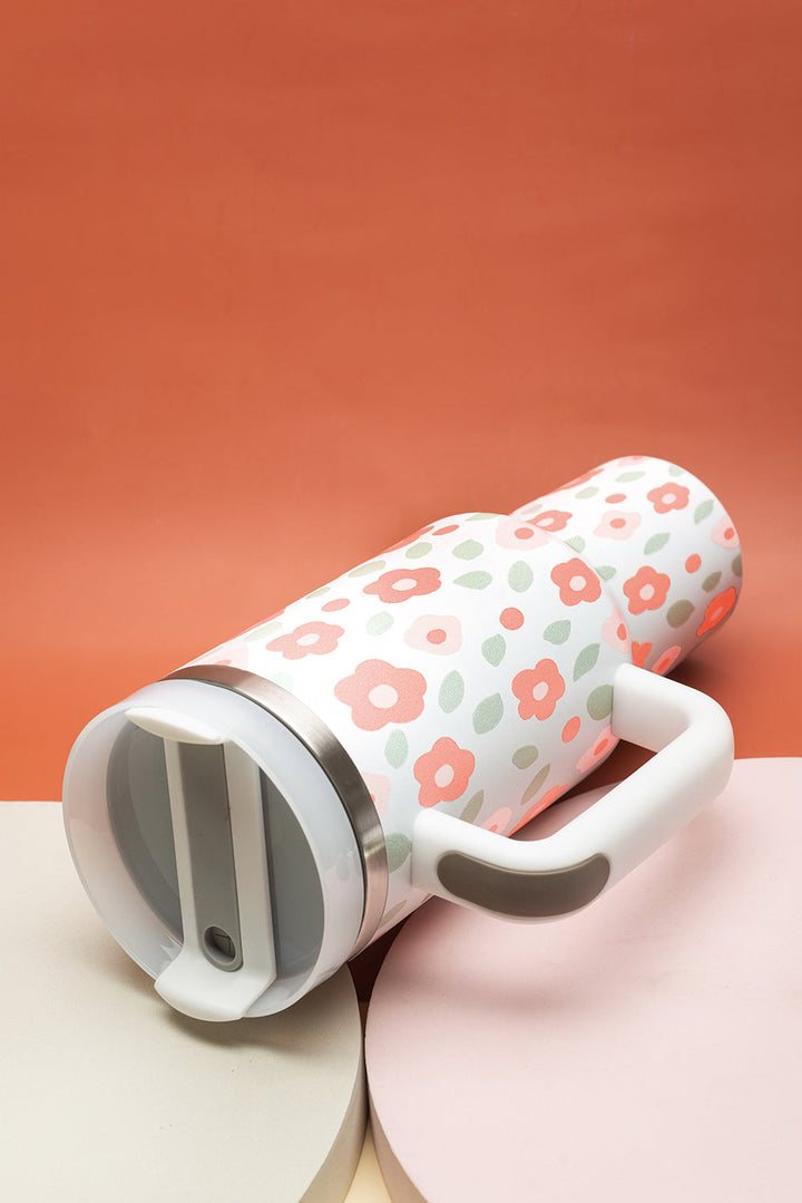 Großer tragbarer Edelstahlbecher mit Blumen- und Blätterdruck, 40 oz