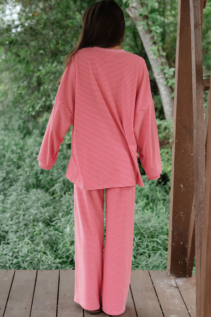 Pink Stripe Contrast Trim Round Neck Oversize Long Sleeve Top 2pcs Pant Set
