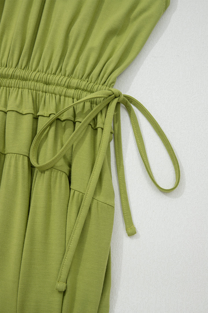 Solid V Neck Cap Sleeve Tunic Elastic Waist Versatile Maxi Dress