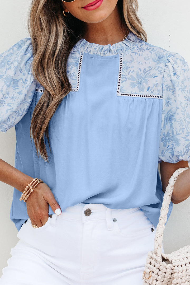 lace insert floral puff sleeve patchwork loose blouse