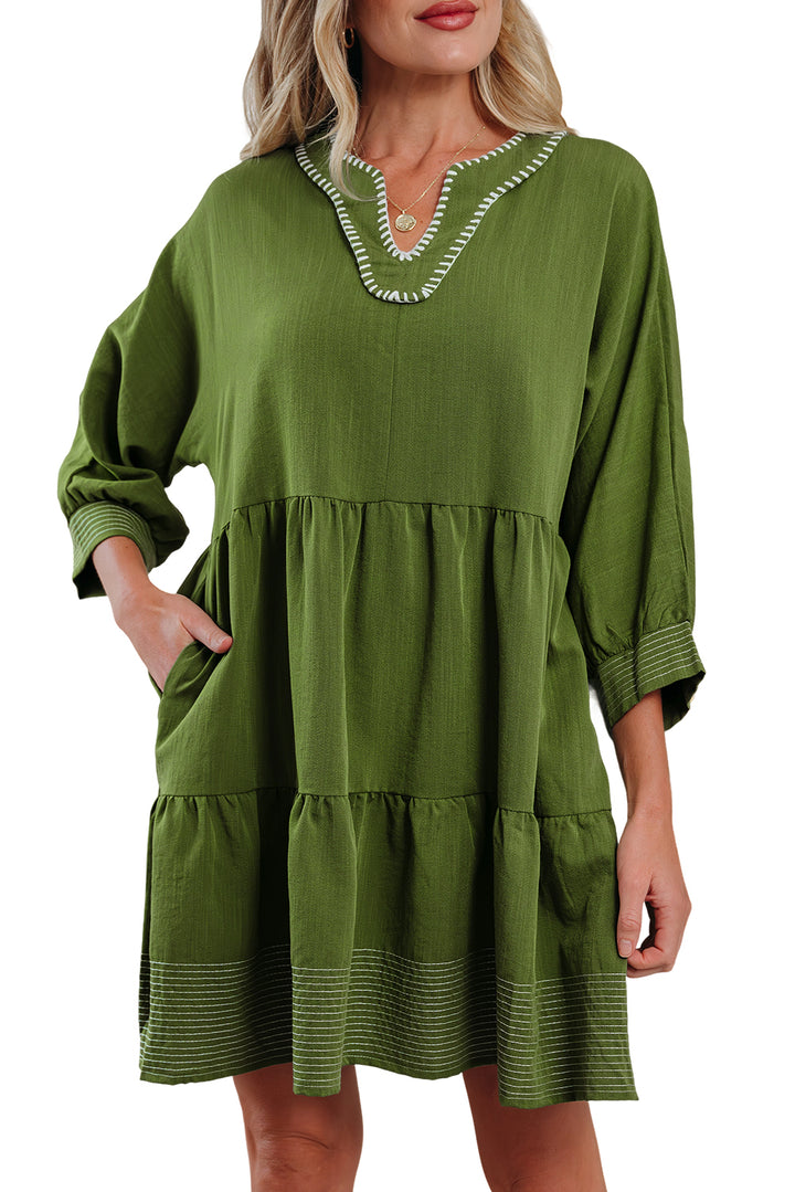 Contrast Stitched V Neck 3/4 Sleeve Tiered Mini Dress