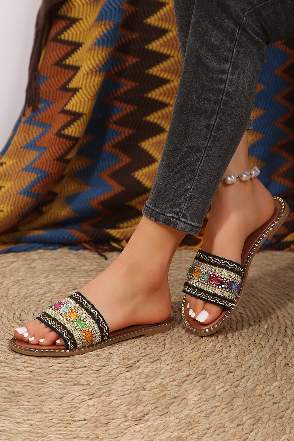 Bohemian Pattern Crochet Faux Leather Beach Slippers