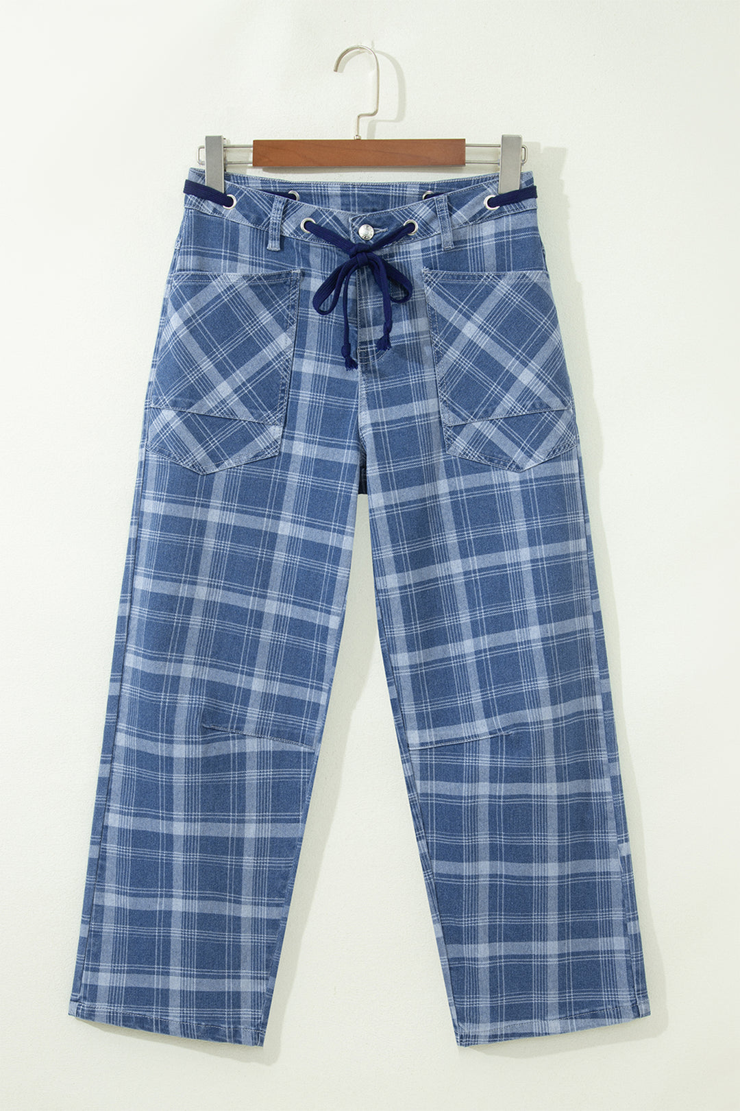 Sky Blue Plaid Denim Grommet Drawstring Waist Ankle-Length Jeans