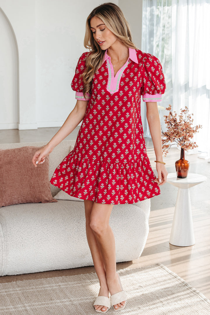 Floral Print Contrasted V Neck Short Bubble Sleeve Mini Dress