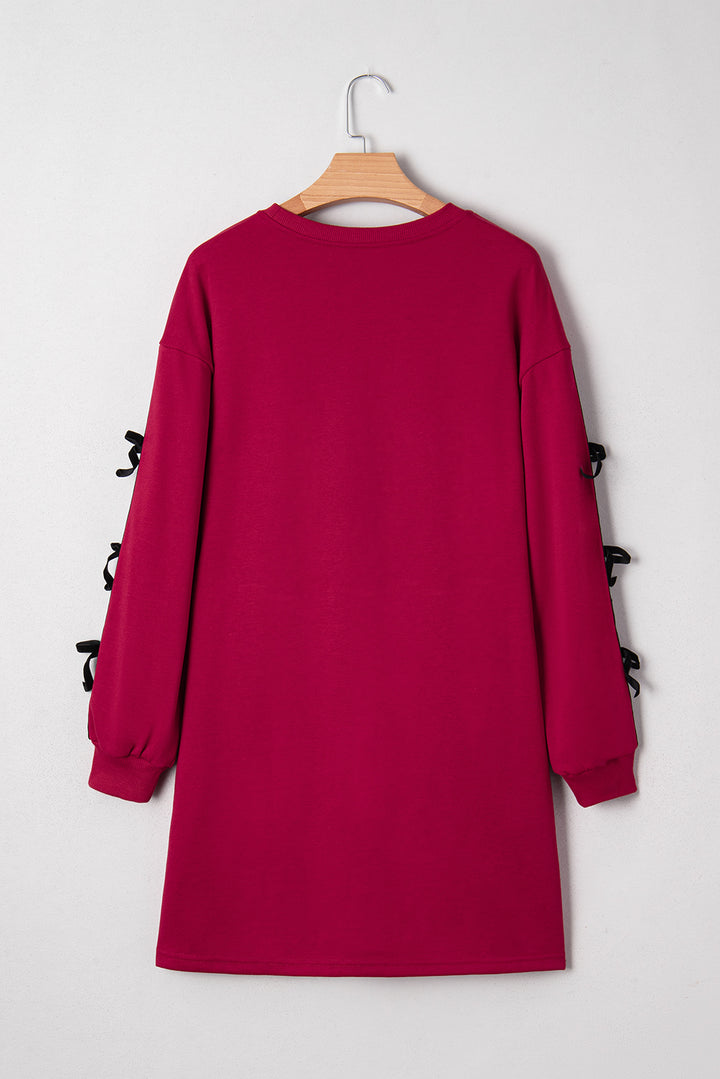Contrast Striped Bow Detail Drop Shoulder Sweatshirt Dress with Pockets