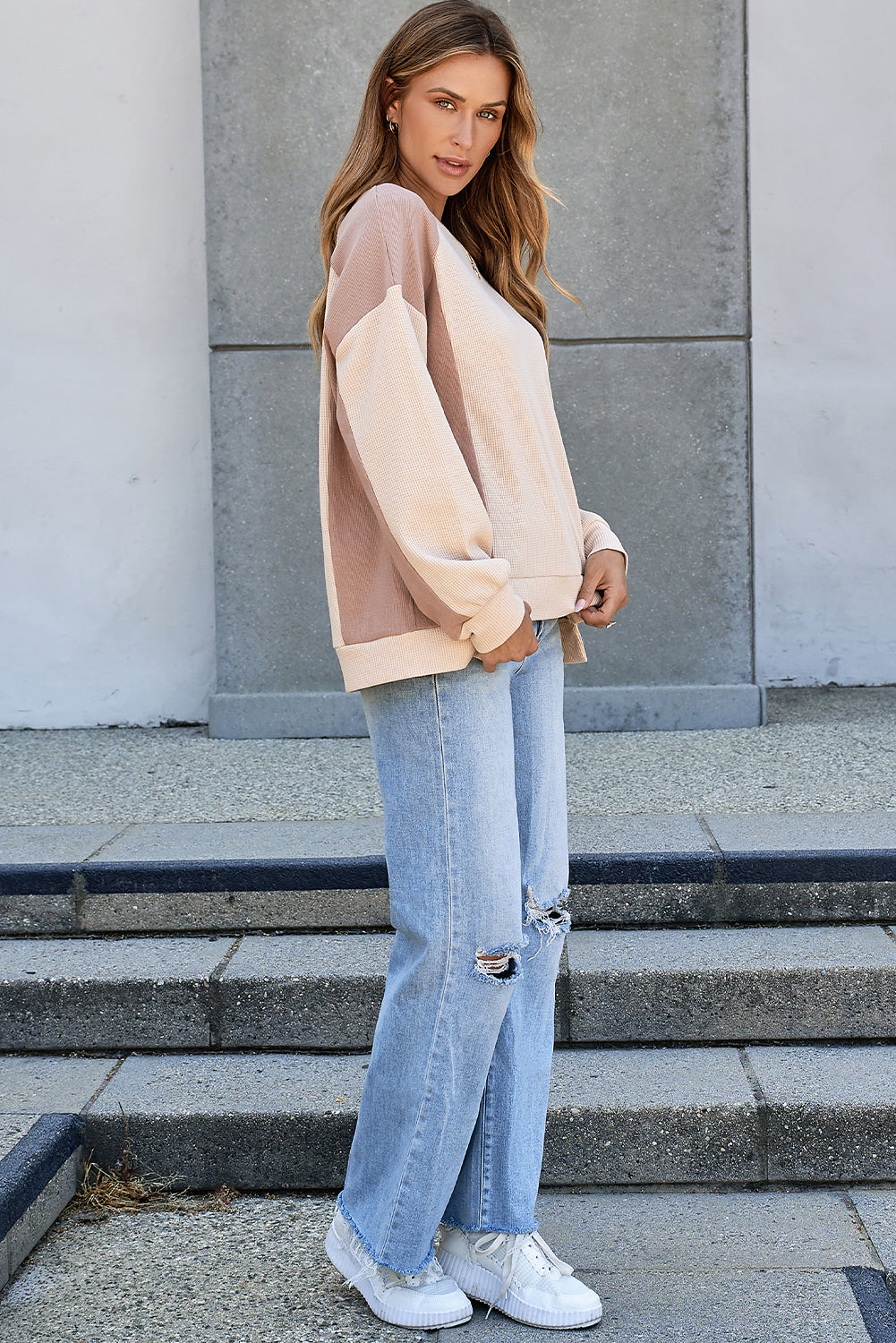 Color Block Waffle High Low Raglan Sleeve Sweatshirt