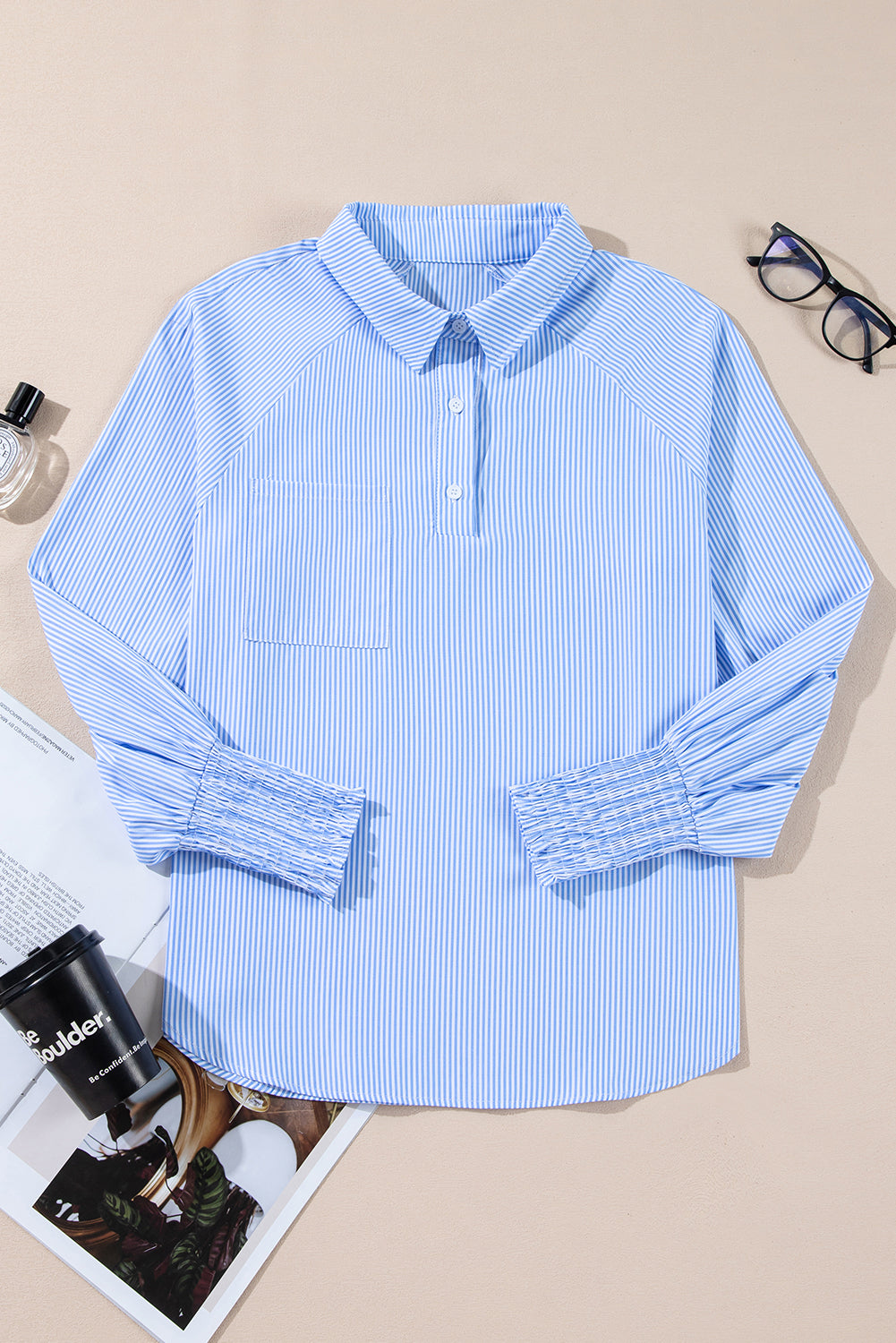 Sky Blue Stripe Pinstripe Smocked Cuffs Button Shirt Collar Blouse