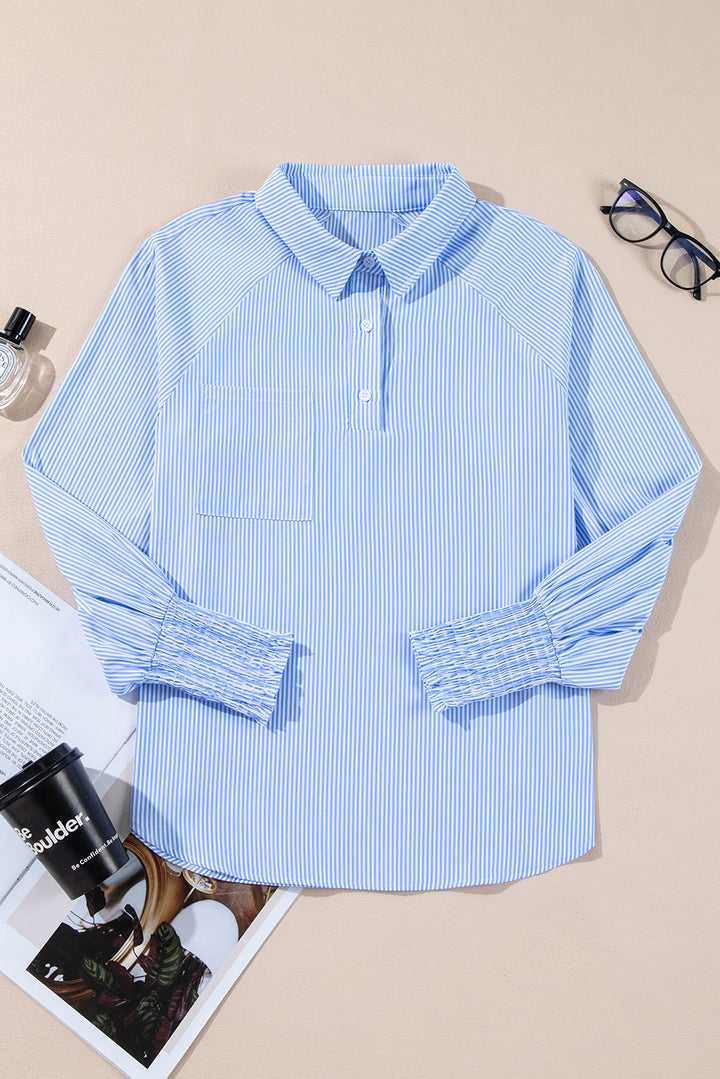 Sky Blue Stripe Pinstripe Smocked Cuffs Button Shirt Collar Blouse