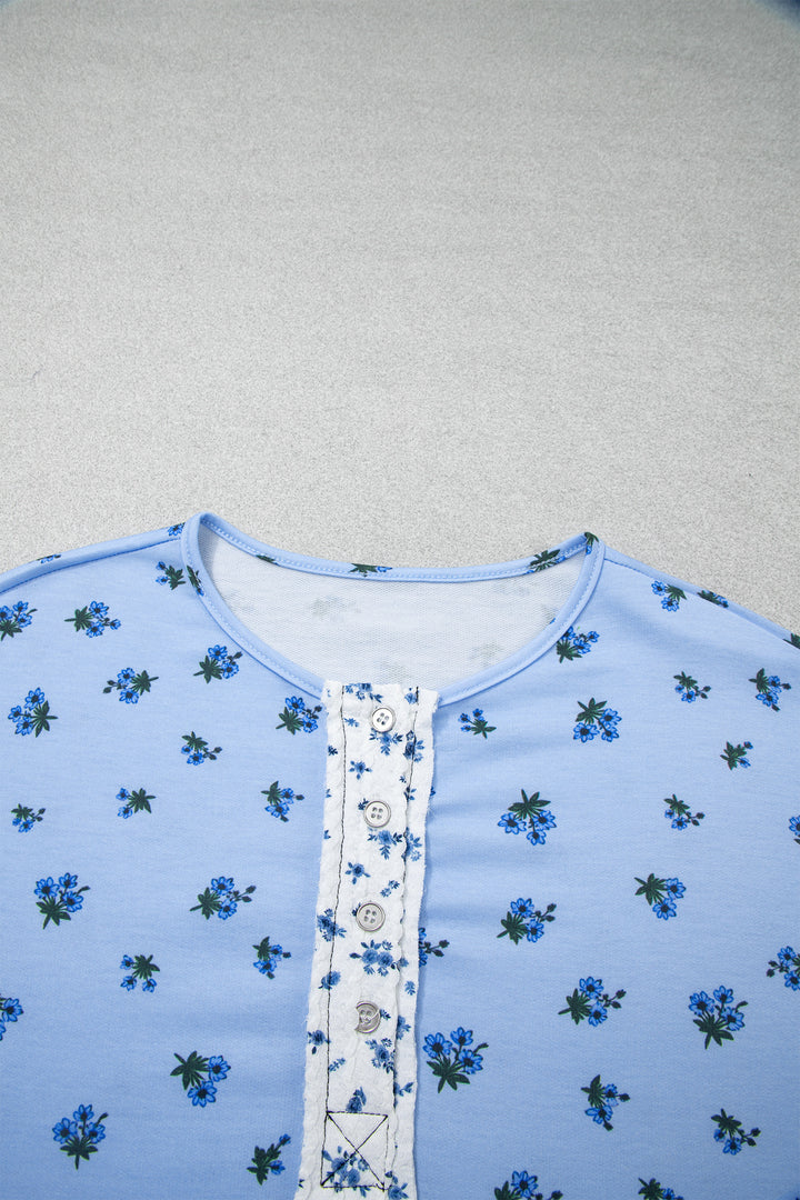 Sky Blue Floral Print Contrast Long Sleeve Tops