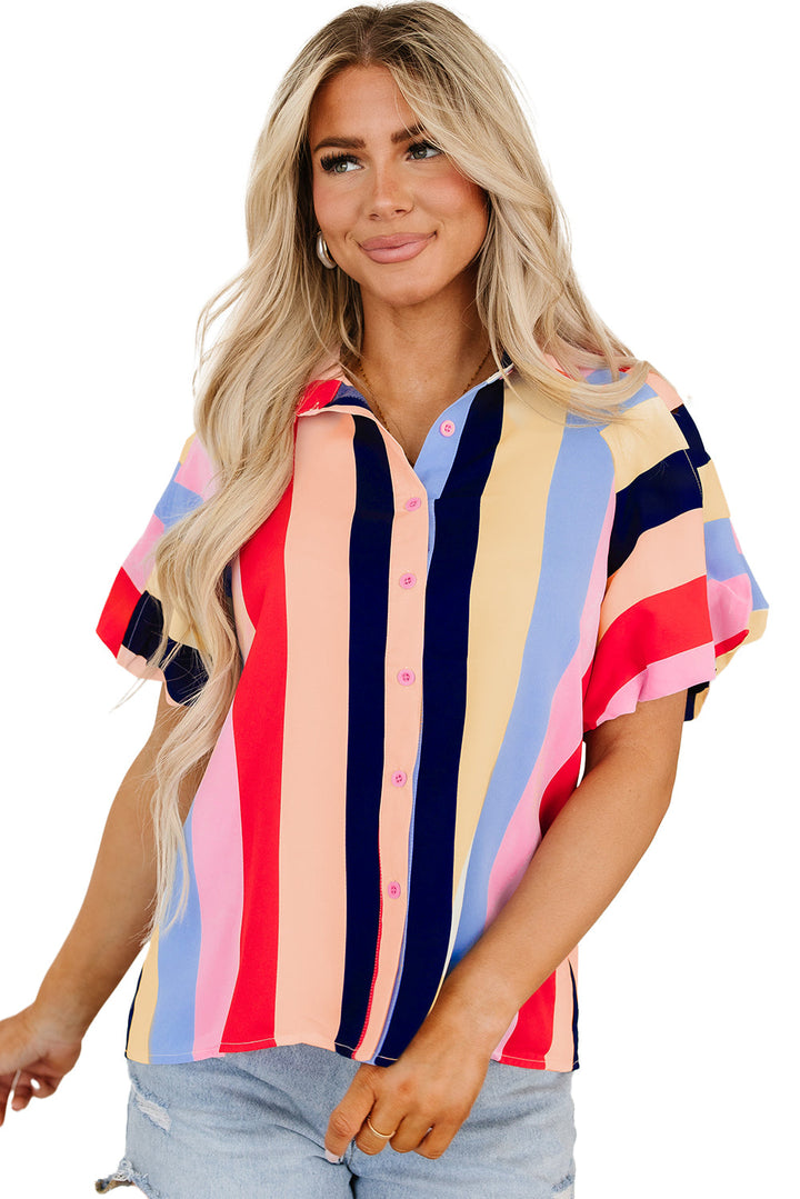 Color Block Striped Puff Sleeve Buttoned Shirt
