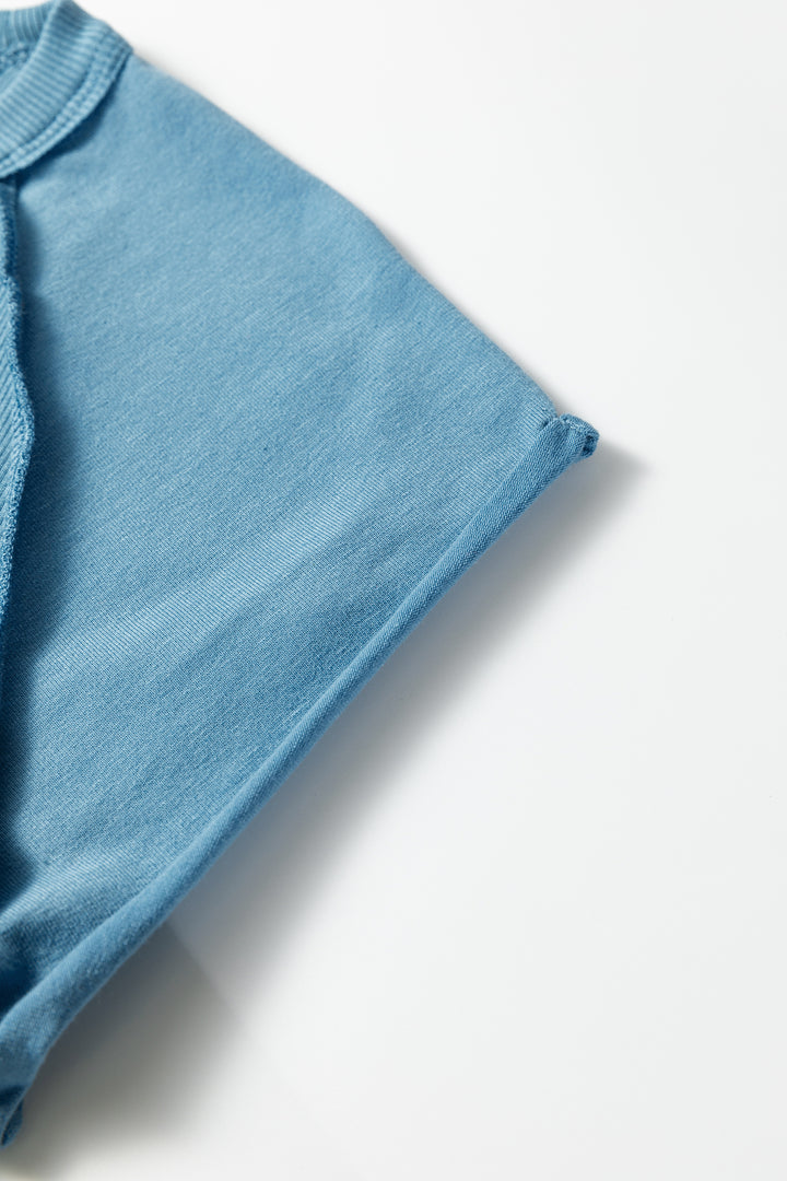 Summer Blue Crew Neck Cap Sleeve Ribbed T Shirt
