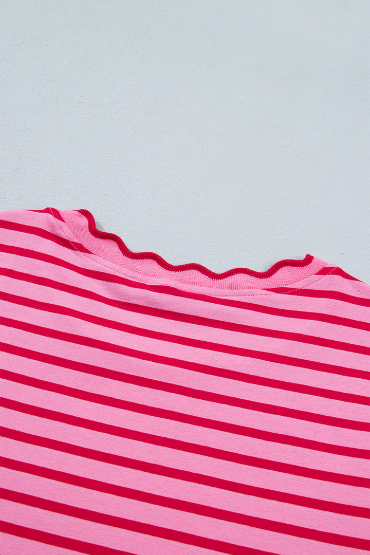 Pink Stripe Scalloped Trim Round Neck T Shirt